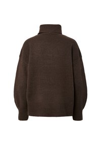 Pull à col roulé en maille brun foncé avec manches longues et poignets et ourlet côtelés, vu de dos sur un fond blanc.