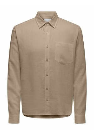 Beżowa koszula na długi rękaw z guzikami, wykończona ostrym kołnierzykiem i kieszenią po lewej stronie na piersi, wykonana z lekkiego materiału.