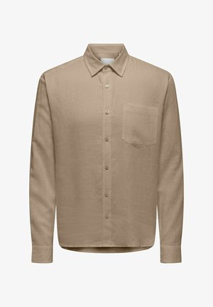 Chemise beige à manches longues avec col pointu et poche poitrine gauche, fabriquée en tissu léger.