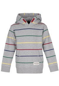 Sudadera con capucha gris con rayas horizontales multicolores en rojo, verde, azul y amarillo. Presenta un bolsillo frontal y puños de canalé.