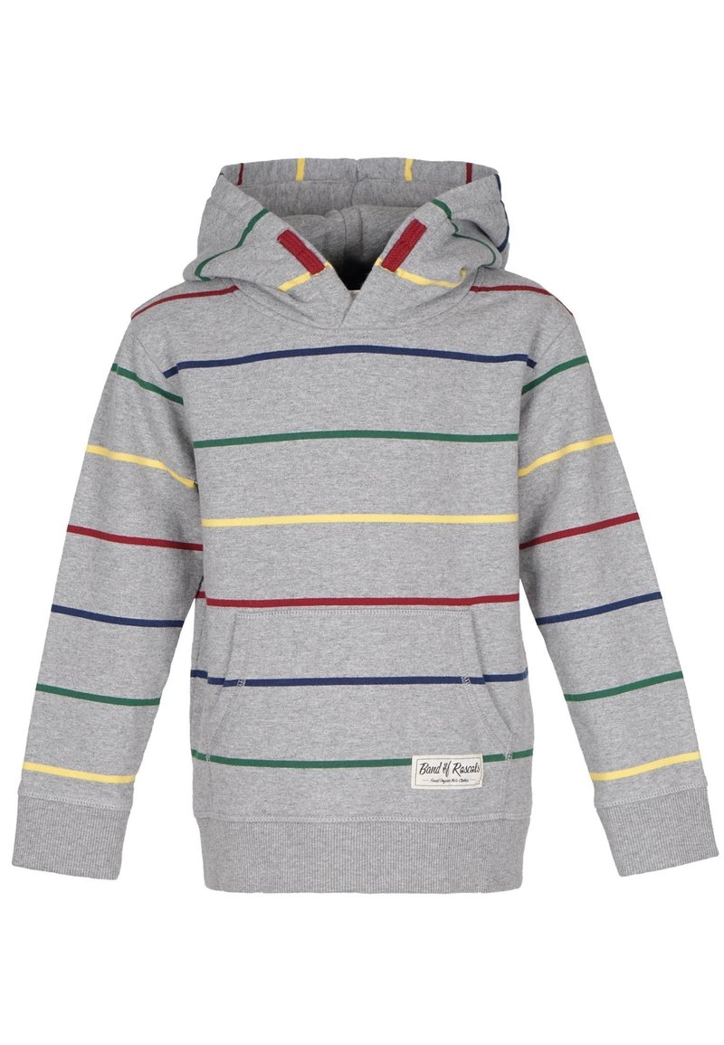 Sudadera con capucha gris con rayas horizontales multicolores en rojo, verde, azul y amarillo. Presenta un bolsillo frontal y puños de canalé.