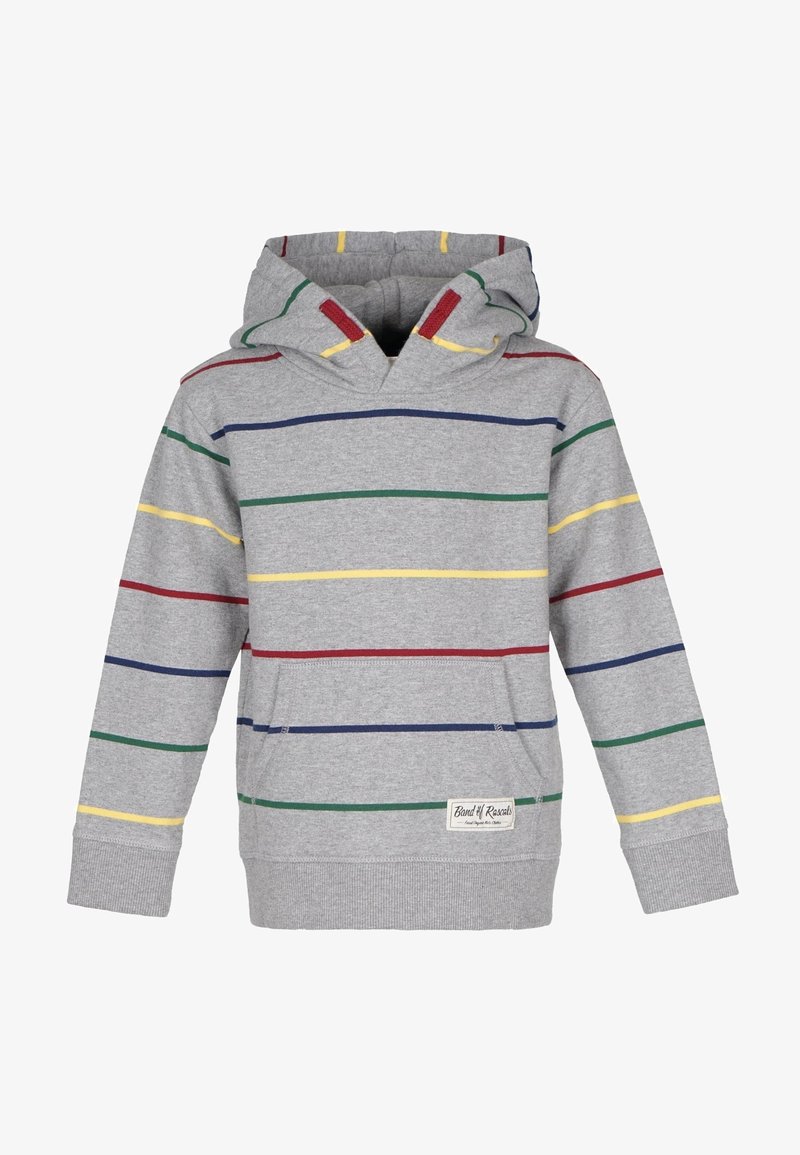 Sudadera con capucha gris con rayas horizontales multicolores en rojo, verde, azul y amarillo. Presenta un bolsillo frontal y puños de canalé.