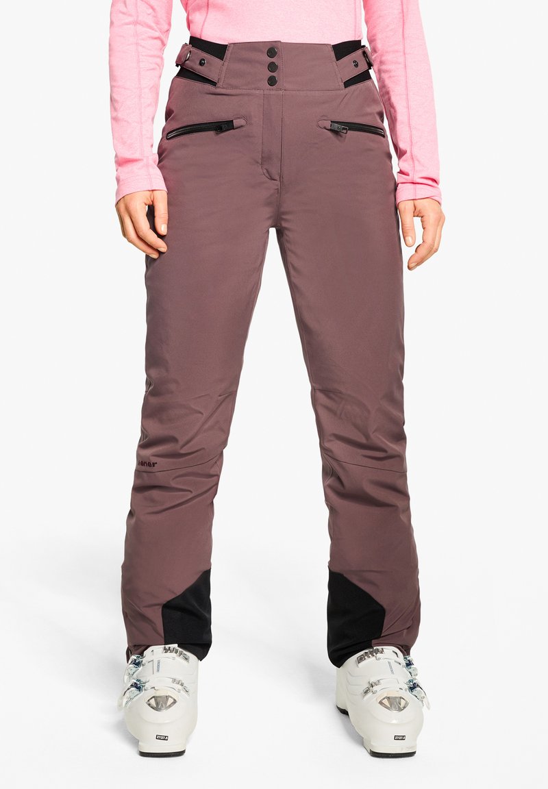 Skihose in dunklem Mauve mit glatter Textur, hoher Taille und kontrastierenden schwarzen unteren Einsätzen. Mit Reißverschlüssen und Knopfverschlüssen vorne.