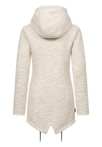 Manteau beige texturé avec une capuche, des manches longues et un ourlet asymétrique. Comprend des cordons de serrage à la taille et une surface à motifs.