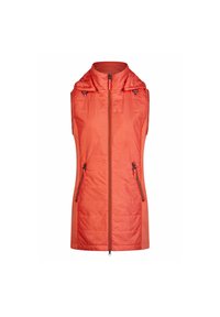 Ärmellose Weste in leuchtendem Orange, mit einem Reißverschluss vorne, zwei Seitentaschen und einem hohen Kragen. Hergestellt aus gepolstertem, leichtem Material.