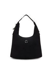 Svart nylon hobo-väska med en slät yta, rundad form, en axelrem och en dekorativ dragkedja med ett cirkulärt emblem.