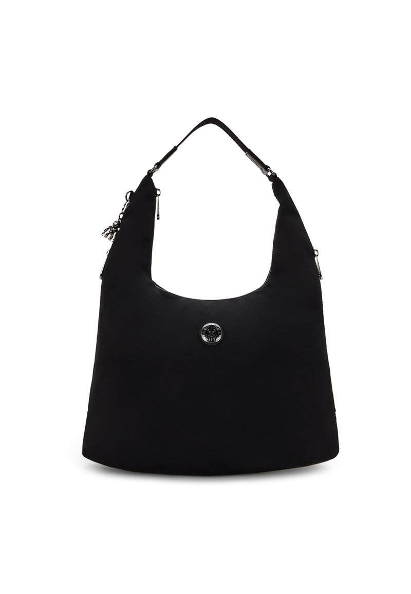 Sort nylon hobo-taske med en glat tekstur, en rund form, én skulderrem og en dekorativ lynlås træk med et rundt emblem.