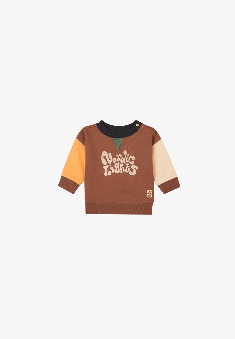 Brun sweatshirt med flerfärgade ärmar i orange, kräm och brunt. Har en grafisk texttryck med "Nordic Lights" och en grön detalj.