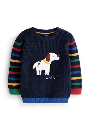Granatowy sweter dziergany z kolorowymi paskami na rękawach, z białym psem z brązowymi plamami i napisem "woof" na przodzie.