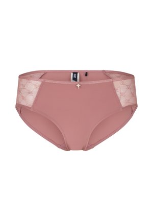 Rosenfarbene Damenunterwäsche mit Spitzenseiten, glattem Stoff und einem kleinen dekorativen Charm in der Mitte vorne.