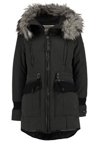 Parka nera con cappuccio staccabile in pelliccia sintetica grigia, chiusura frontale con zip, due tasche frontali con zip e polsini a costine.