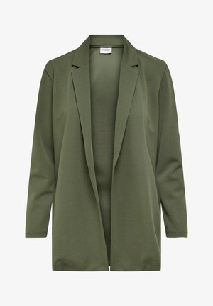 Olivgrüner Blazer mit entspannter Passform, Reverskragen, offenem Vorderteil und langen Ärmeln aus einem glatten, dehnbaren Stoff. Keine Verschlüsse.