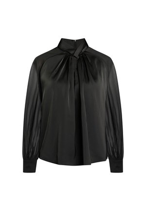 Blusa nera con colletto a cravatta, maniche lunghe trasparenti e polsini con bottoni, realizzata in tessuto morbido con una finitura leggermente lucida.