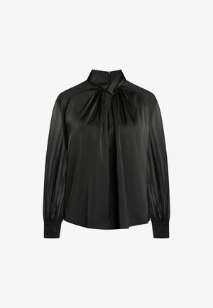 Musta paita, jossa on solmittava kaula-aukko, pitkät läpikuultavat hihat ja napitettu hihansuu, valmistettu sileästä kankaasta, jossa on hieman kiiltävä pinta.