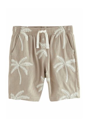 Shorts beiges avec broderie de palmiers blancs. Taille élastique avec cordon de serrage, deux poches latérales et une texture de tissu léger.