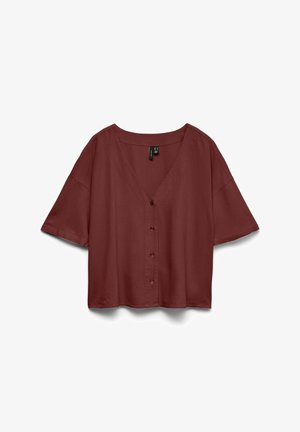 Bluza s kratkimi rokavi, z gumbi, ohlapnega kroja v temno rdečkasto-rjavi barvi z V-izrezom in spuščenimi šivi ramen.