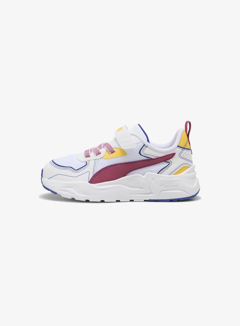 White athletic shoe with purple and yellow accents. Mesh upper, textured logo, and padded collar. Features pink laces and a hook-and-loop strap.