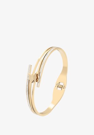 Gouden armband met dubbele banden, waarvan er één is voorzien van kleine kralen, met een geprofileerde vlinderdetail en een veerslot sluiting.