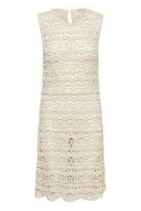 Robe au crochet sans manches, couleur crème, longueur genou, avec des bords festonnés et des motifs ajourés complexes sur toute la surface.