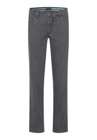 Graue Jeans aus Denim mit geradem Bein, Fronttaschen und klassischem Knopfverschluss. Merkmale sind subtile Nähte und eine strukturierte Oberfläche.