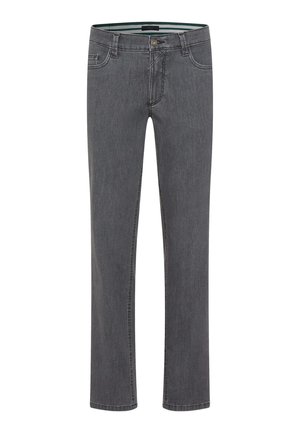 Grijze denim jeans met een straight leg ontwerp, voorzakken en een klassieke knoopsluiting. Heeft subtiele stiksels en een gestructureerde afwerking.