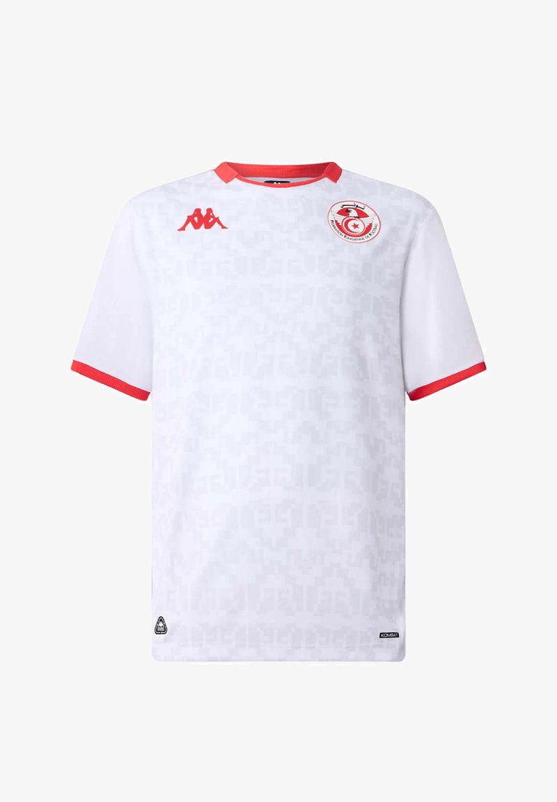 White short-sleeved jersey with a subtle geometric pattern, red collar and sleeve accents, Kappa logo, and team emblem on the left chest.