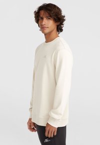 Lichtbeige sweatshirt gemaakt van zachte stof, met een ronde hals, lange mouwen en een subtiele logo op de borst.