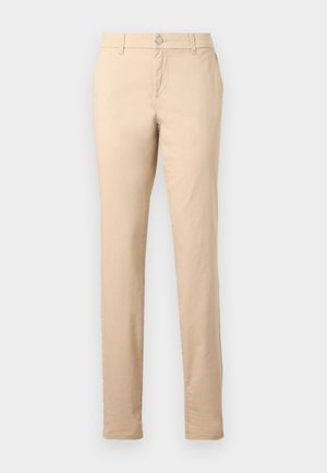 Pantalon beige coupe ajustée avec passants pour ceinture, fermeture à bouton à l'avant et poches latérales, présenté sur un fond clair uni.