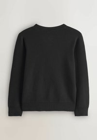 Maglione nero lavorato a maglia con collo rotondo e maniche lunghe. Presenta polsini e orlo a coste, con una texture liscia. Vista posteriore mostrata.