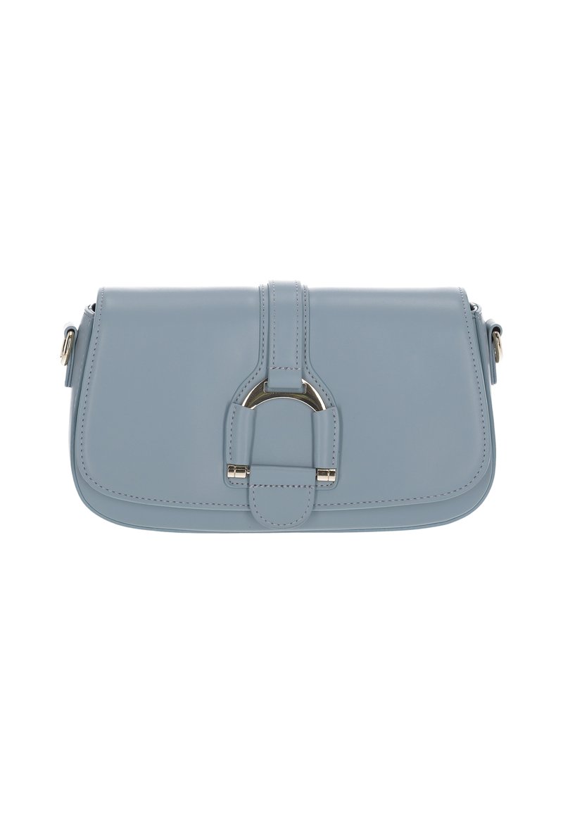 Világoskék bőr keresztpántos táska strukturált formával, fémből készült csattal és kontrasztos varrással a szélén.