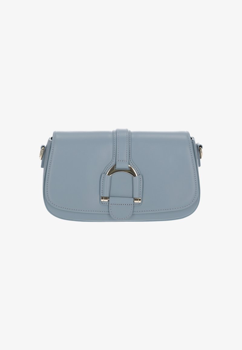 Világoskék bőr keresztpántos táska strukturált formával, fémből készült csattal és kontrasztos varrással a szélén.