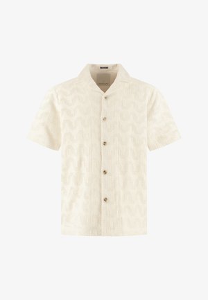 Korte mouwen crèmekleurig overhemd met een subtiel gestructureerd patroon, zes knopen aan de voorkant en een campkraag.