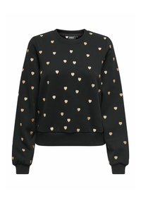 Zwarte sweatshirt met een ronde hals en lange mouwen, versierd met verspreide gouden hartpatronen. Zachte stoffen textuur.