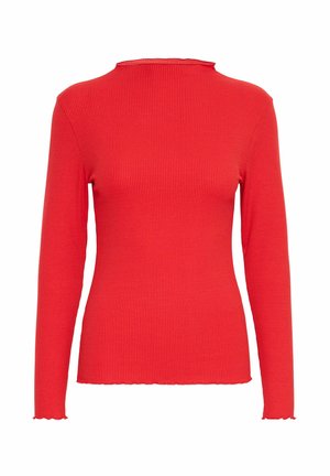 Maglietta rossa a maniche lunghe con righe, caratterizzata da un collo alto e un orlo a festone. Il tessuto ha una texture liscia e un design aderente.