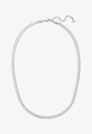 Collar de cadena tipo serpiente plateada con cierre de langosta y cadena extensible ajustable que termina en un pequeño colgante con forma de flecha.