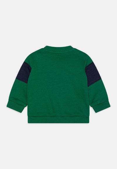 Felpa verde con accenti blu navy sulle spalle, polsini a costine e colletto. Materiale morbido, vestibilità standard e senza dettagli hardware visibili.