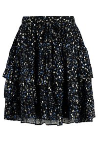 Gonna nera a strati realizzata in tessuto leggero, con un motivo sparso di accenti dorati e blu su tutto il materiale.