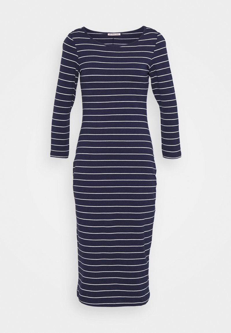 Laivastonsininen raidallinen mekko pitkillä hihoilla, jossa vaakasuoria valkoisia raitoja, pyöreä pääntie ja vartalonmyötäinen siluetti.