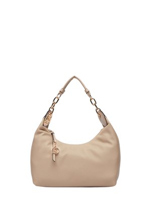 Borsa a tracolla in pelle beige con texture, con maglie di catena dorate sulla tracolla e una piccola cerniera dorata con un charm circolare.