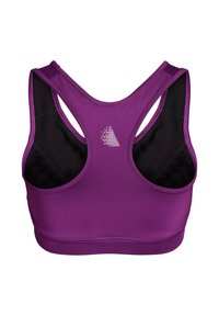 Vijolični športni modrček z dirkalnim hrbtom, ki ima zračne črne mrežaste panele in subtilen logotip na hrbtni strani. Gladka tekstura.