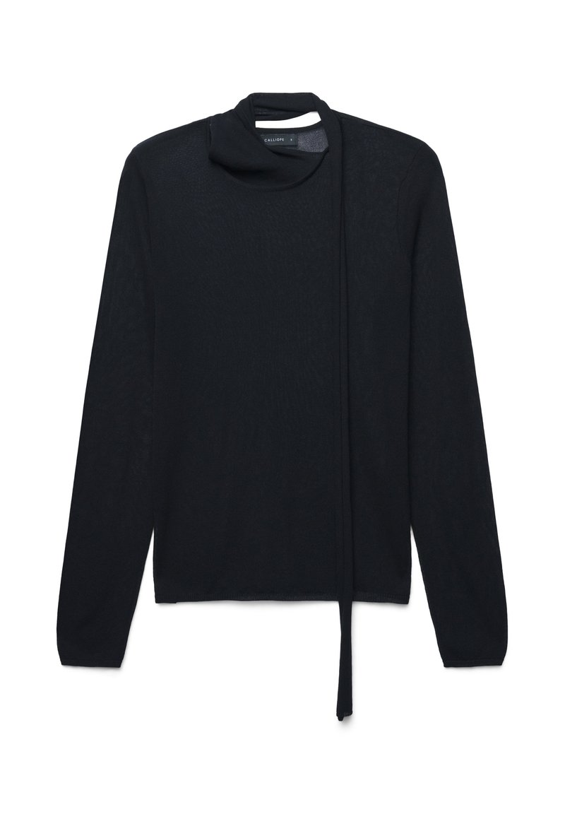 Maglione nero a maniche lunghe con un collo alto e un dettaglio di cravatta allungato che pende liberamente sul davanti.