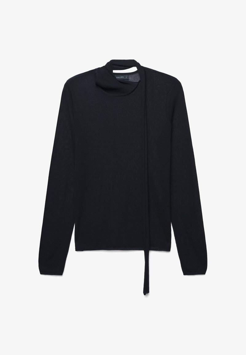 Maglione nero a maniche lunghe con un collo alto e un dettaglio di cravatta allungato che pende liberamente sul davanti.
