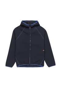 Navy zip-up hoodie with a fitted design, blue accents along the hood and zipper, and a smooth texture. Features raglan sleeves and a front pocket.