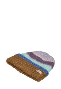 Multicolored knit beanie featuring a ribbed brown base, with horizontal bands of light blue, lavender, and purple. Tag reads "BARTS."