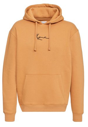 Oranje hoodie van een katoenmix, met een voorzak, verstelbare trekkoordkap en zwart logo op de borst.