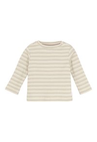 Romantisch crèmekleurig babyshirt met lange mouwen, voorzien van dunne horizontale beige en licht olijfgroene strepen en een knoopsluiting nabij de linkerschouder.