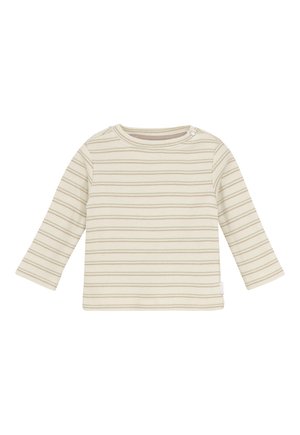 Cremefarbenes Babyshirt mit langen Ärmeln, dünnen horizontalen Streifen in Beige und hellem Olivgrün sowie einem Knopfverschluss nahe der linken Schulter.