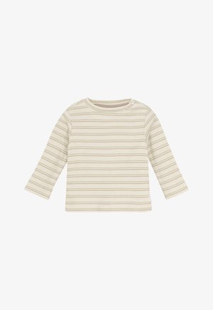 Cremefarbenes Babyshirt mit langen Ärmeln, dünnen horizontalen Streifen in Beige und hellem Olivgrün sowie einem Knopfverschluss nahe der linken Schulter.