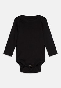 Černý bodysuit s dlouhým rukávem vyrobený z jemné, elastické tkaniny. Obsahuje kulatý výstřih a patentky v dolní části pro snadné oblékání.