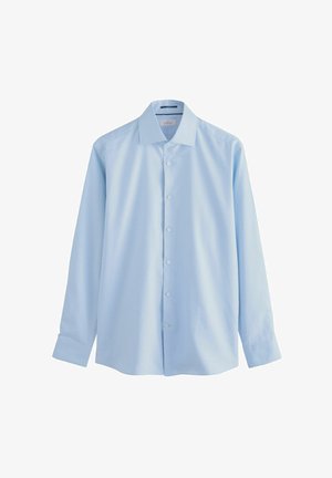 Zils ilgs piedurkņu krekls, izgatavots no gludas auduma, ar pogu aizdari priekšpusē, norādītu apkakli un smalku tekstūru rakstu.